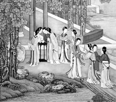 清代绘制的《八月桐荫乞巧》，描绘了七月初七京城仕女“乞巧”的场面。